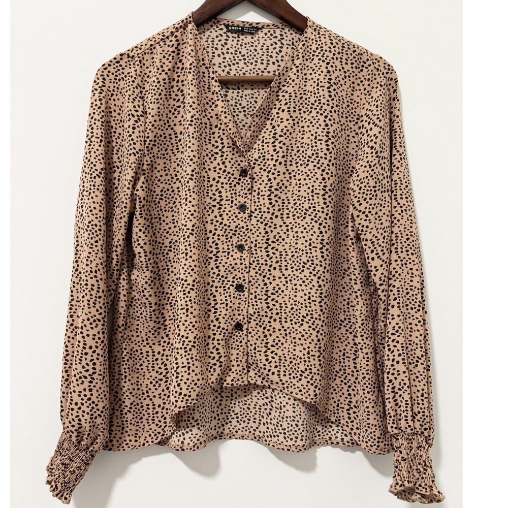 SHEIN Blouse Women Size M Tan Black Animal Print Smocked Cuff V-Neck Top